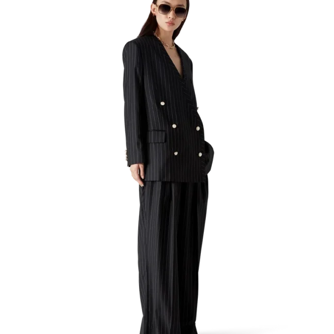 Blazer Oversized de Lã com Risca de Giz