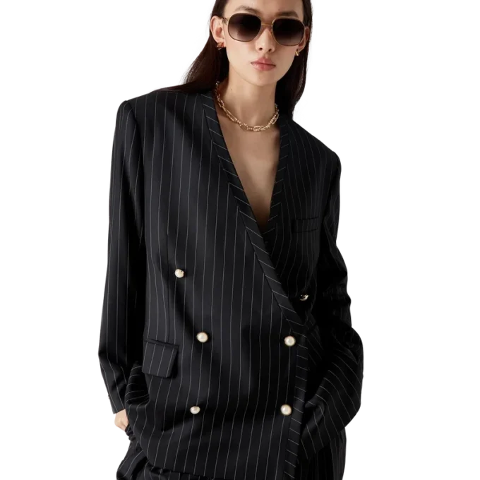 Blazer Oversized de Lã com Risca de Giz