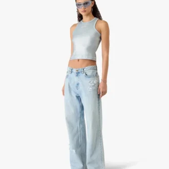 Calças de ganga com grafite em lavagem clara