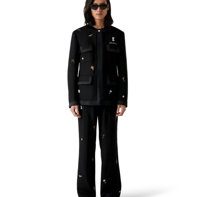 Calças de Lã à Medida com Motivo Bordado