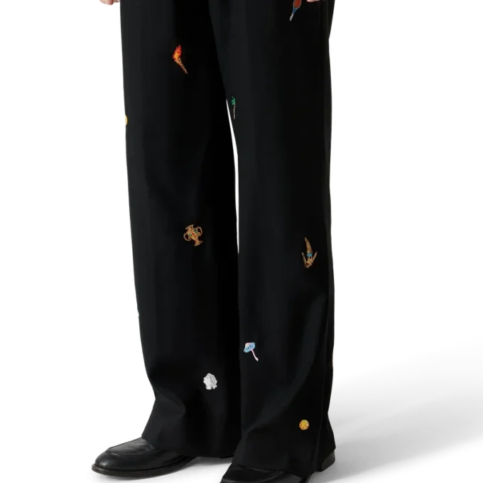 Calças de Lã à Medida com Motivo Bordado