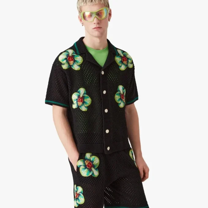 Calção de croché de manga curta com bordado Glitch Orchid