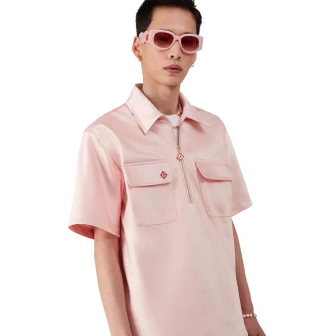 Calção de manga curta com fecho de correr de um quarto em cetim