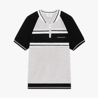 Calção de manga curta com fecho e riscas em malha metálica