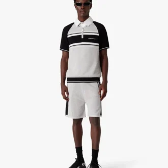 Calção de manga curta com fecho e riscas em malha metálica