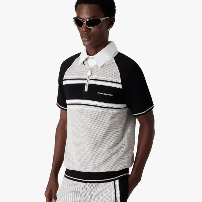 Calção de manga curta com fecho e riscas em malha metálica