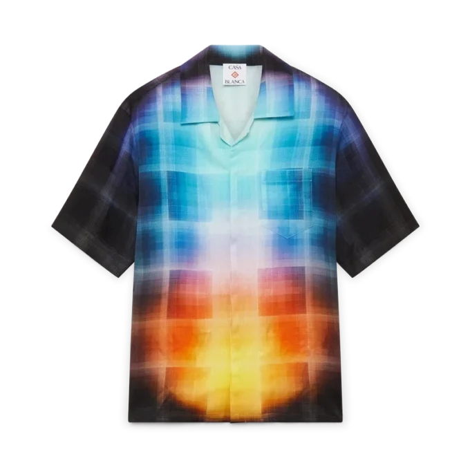 Calção de manga curta em mistura de viscose com padrão xadrez gradiente