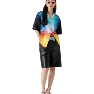 Calção de manga curta em mistura de viscose com padrão xadrez gradiente