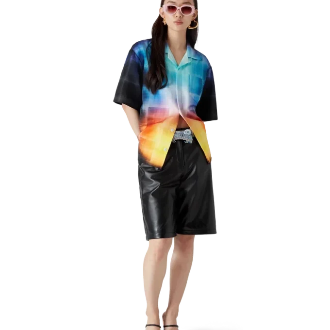 Calção de manga curta em mistura de viscose com padrão xadrez gradiente