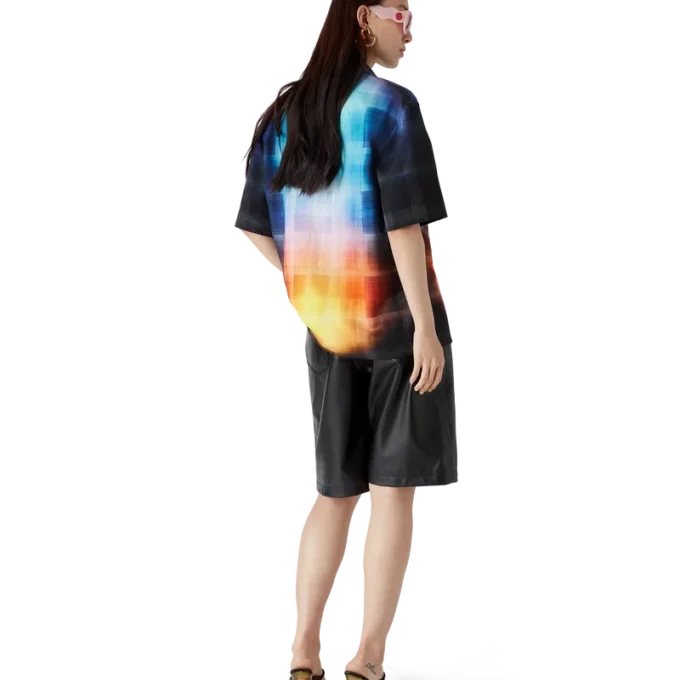 Calção de manga curta em mistura de viscose com padrão xadrez gradiente