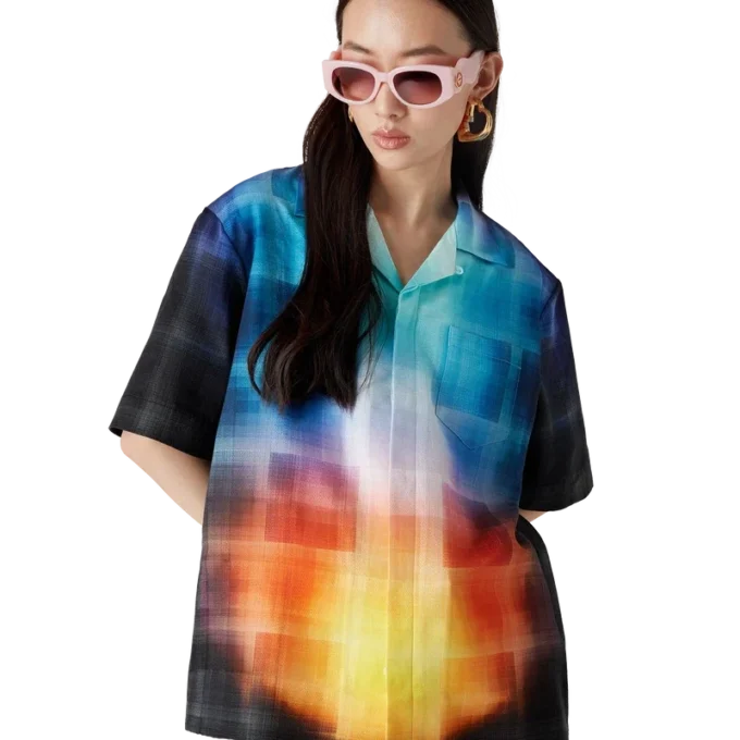 Calção de manga curta em mistura de viscose com padrão xadrez gradiente