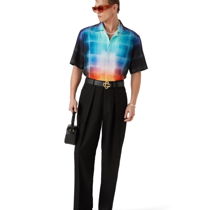 Calção de manga curta em mistura de viscose com padrão xadrez gradiente