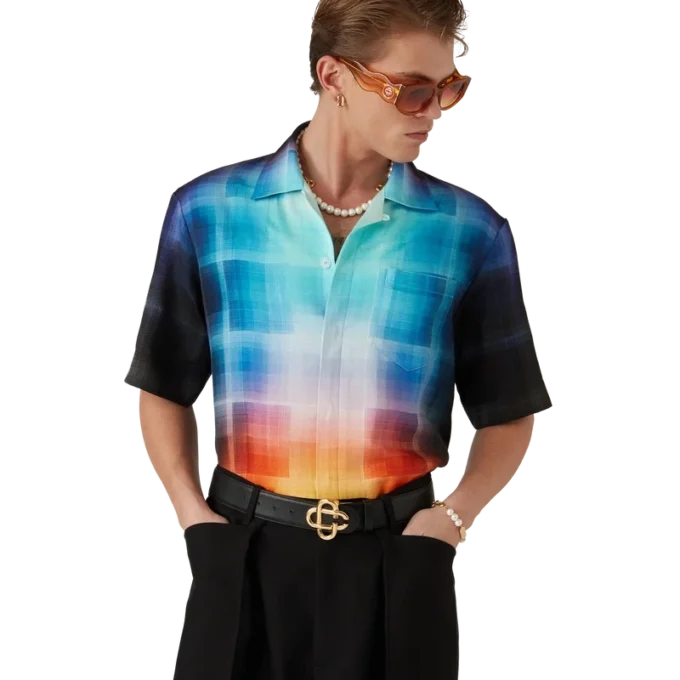 Calção de manga curta em mistura de viscose com padrão xadrez gradiente