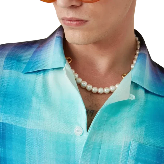 Calção de manga curta em mistura de viscose com padrão xadrez gradiente