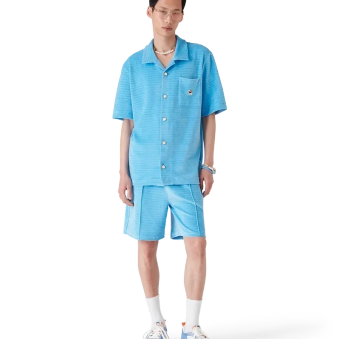 Calção de manga curta em veludo às riscas