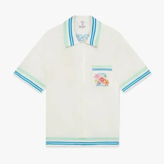 Camisa de calções de seda de manga curta com gola cubana floral