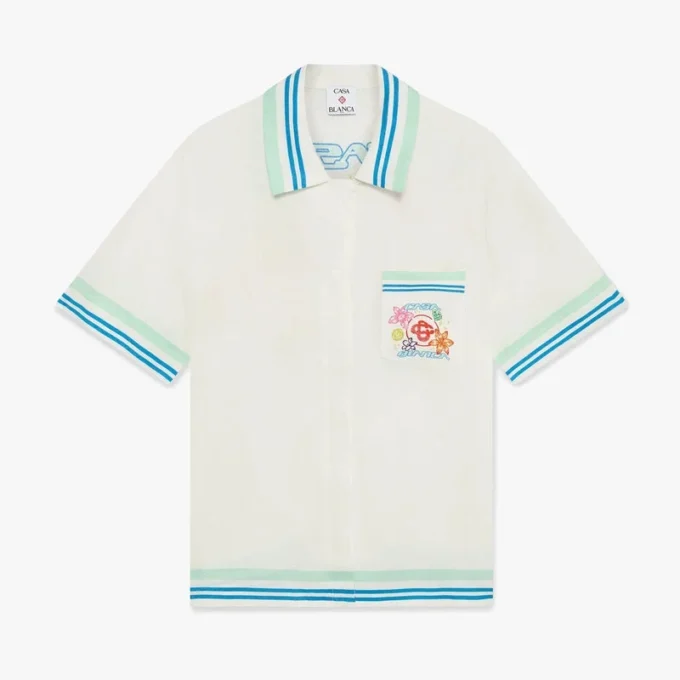 Camisa de calções de seda de manga curta com gola cubana floral