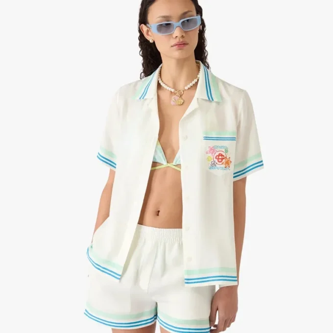 Camisa de calções de seda de manga curta com gola cubana floral