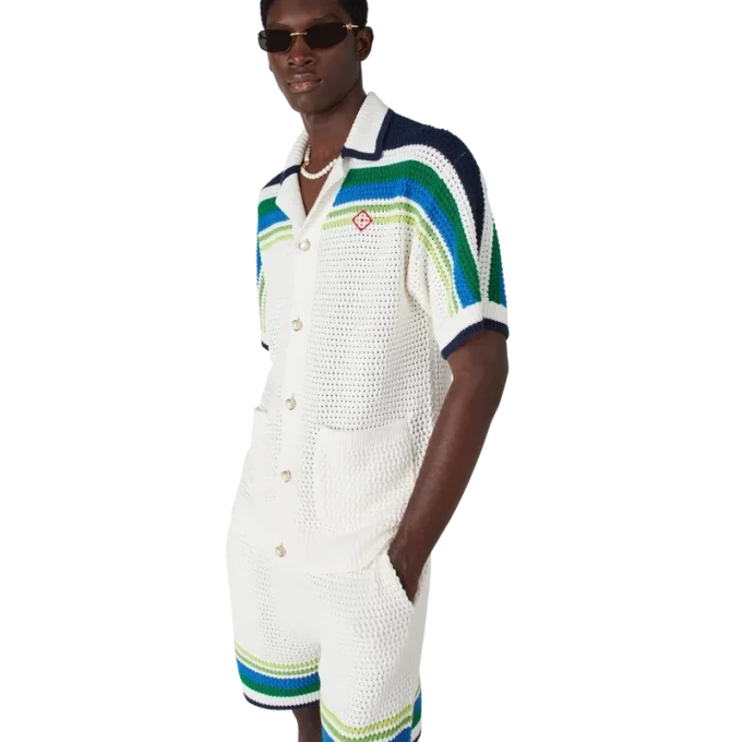 Camisa de malha de manga curta às riscas Camisa de malha de manga curta às riscas
