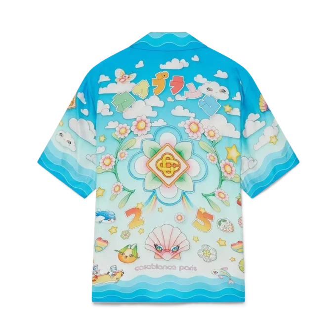 Camisa de manga curta em sarja de seda com motivo Kawaii Camisa de manga curta em sarja de seda com motivo Kawaii