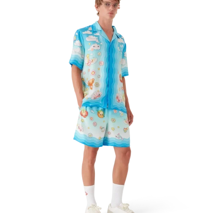 Camisa de manga curta em sarja de seda com motivo Kawaii Camisa de manga curta em sarja de seda com motivo Kawaii