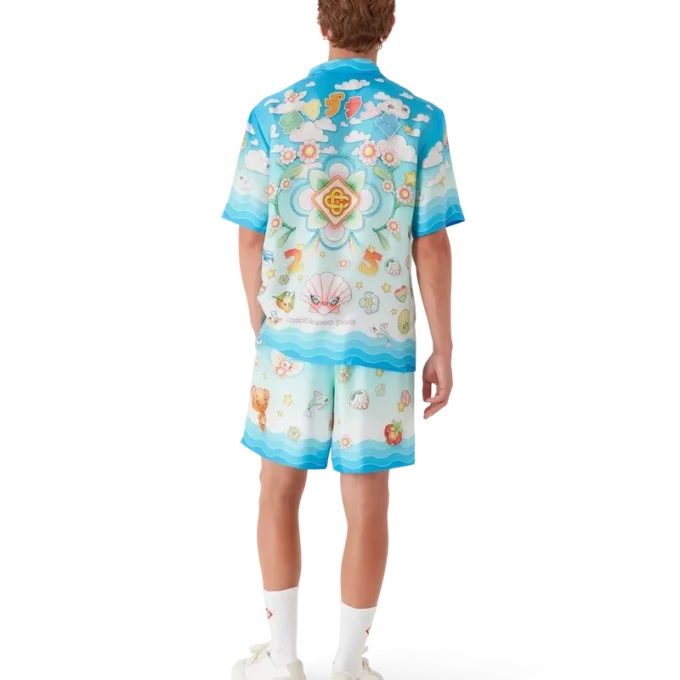 Camisa de manga curta em sarja de seda com motivo Kawaii Camisa de manga curta em sarja de seda com motivo Kawaii