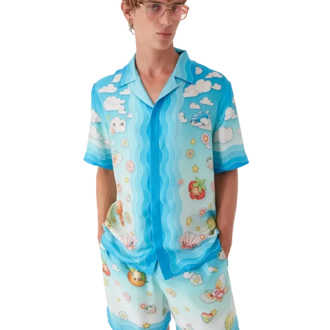 Camisa de manga curta em sarja de seda com motivo Kawaii Camisa de manga curta em sarja de seda com motivo Kawaii