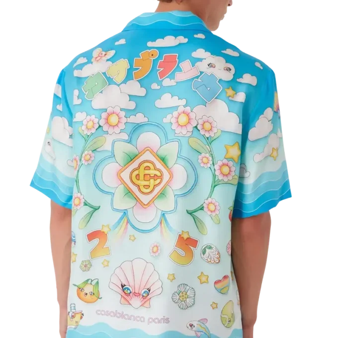 Camisa de manga curta em sarja de seda com motivo Kawaii Camisa de manga curta em sarja de seda com motivo Kawaii