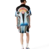 Camisa de seda de calção com padrão gráfico de montanha