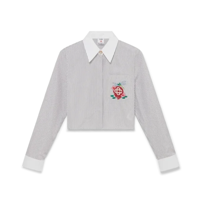 Camisas curtas de algodão com riscas finas bordadas Camisas curtas de algodão com riscas finas bordadas