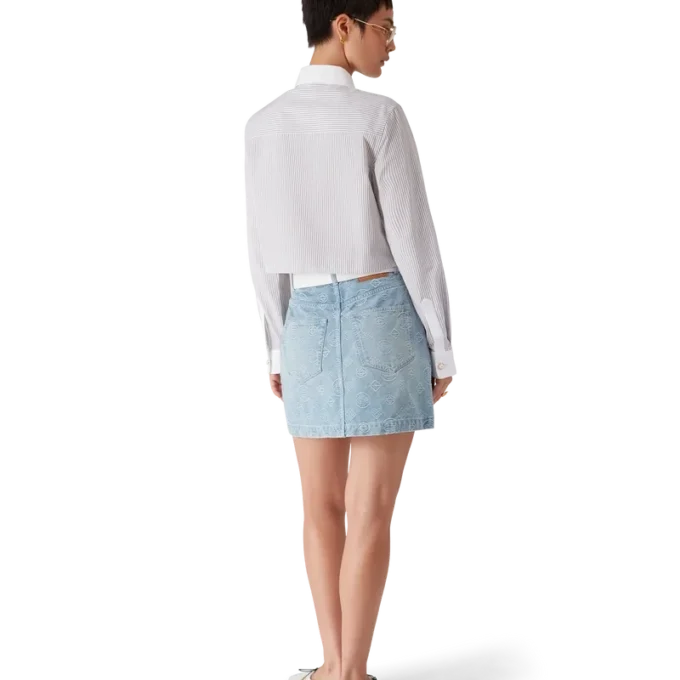 Camisas curtas de algodão com riscas finas bordadas Camisas curtas de algodão com riscas finas bordadas