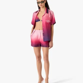 Camisas de calções de manga curta com gola cubana e gradiente em beringela