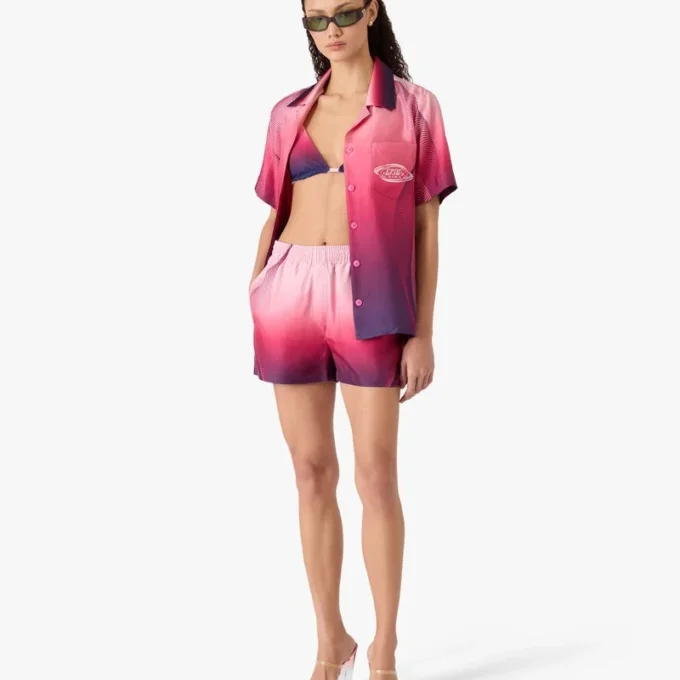 Camisas de calções de manga curta com gola cubana e gradiente em beringela