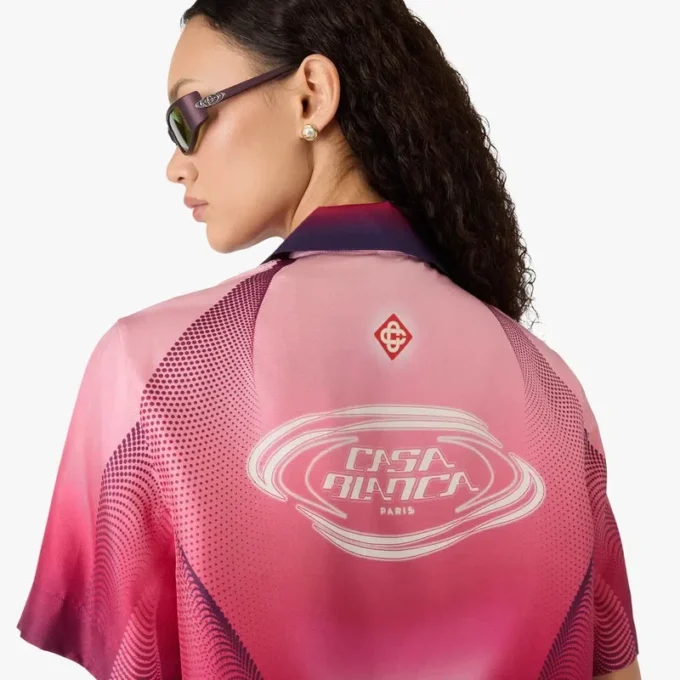 Camisas de calções de manga curta com gola cubana e gradiente em beringela