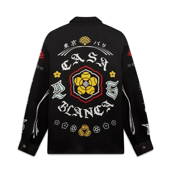 Camisas de manga comprida em cetim de seda com emblema