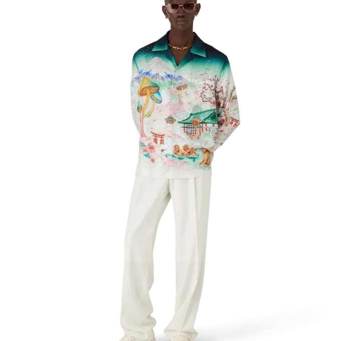 Camisas de manga comprida em sarja de seda com padrão floral Camisas de manga comprida em sarja de seda com padrão floral