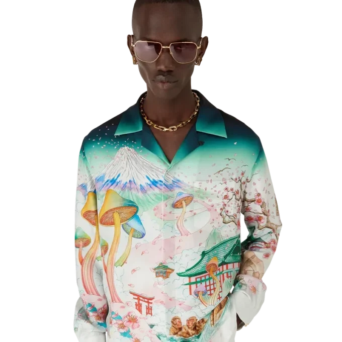 Camisas de manga comprida em sarja de seda com padrão floral Camisas de manga comprida em sarja de seda com padrão floral