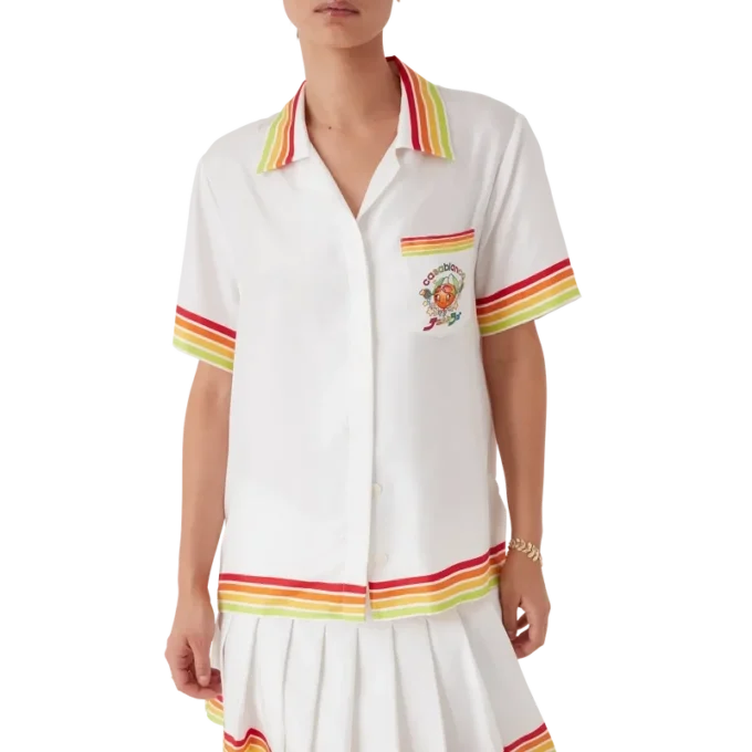 Camisas de manga curta em sarja de seda com mascote laranja Camisas de manga curta em sarja de seda com mascote laranja