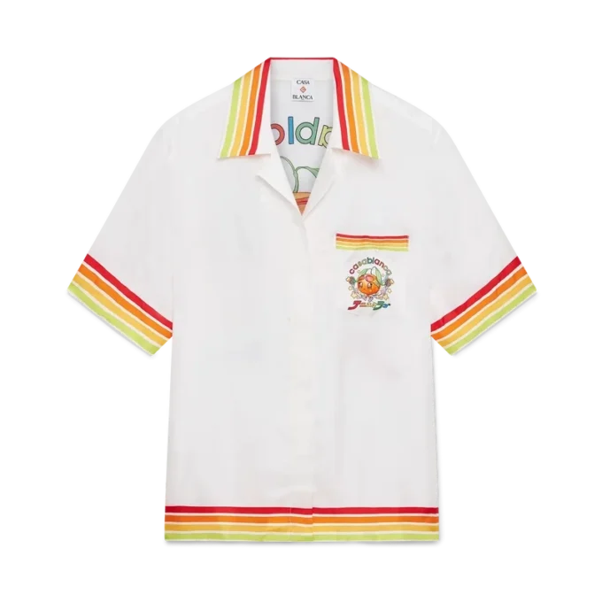 Camisas de manga curta em sarja de seda com mascote laranja Camisas de manga curta em sarja de seda com mascote laranja