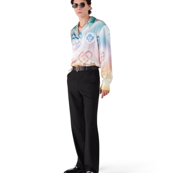 Camisas de seda de manga comprida com logótipo em meio-tom