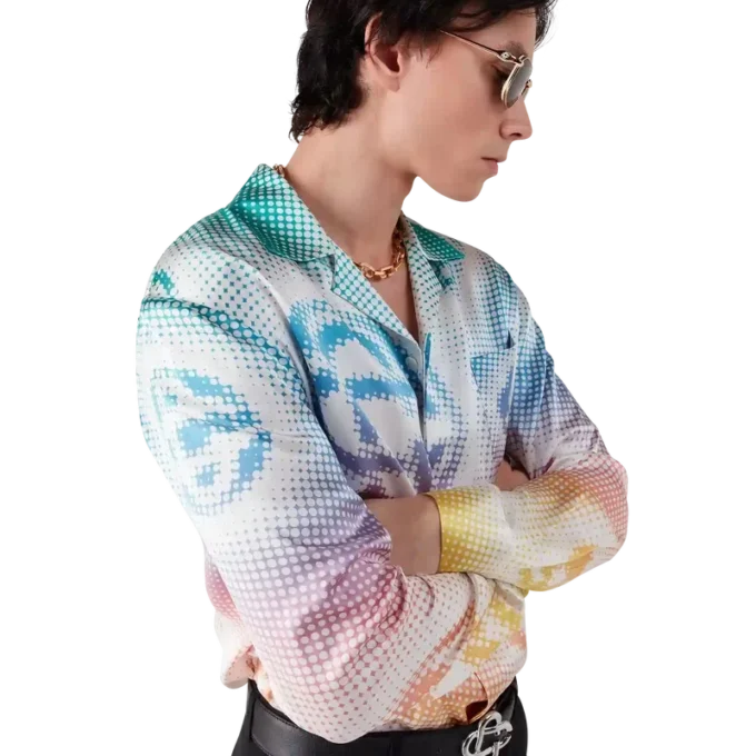 Camisas de seda de manga comprida com logótipo em meio-tom