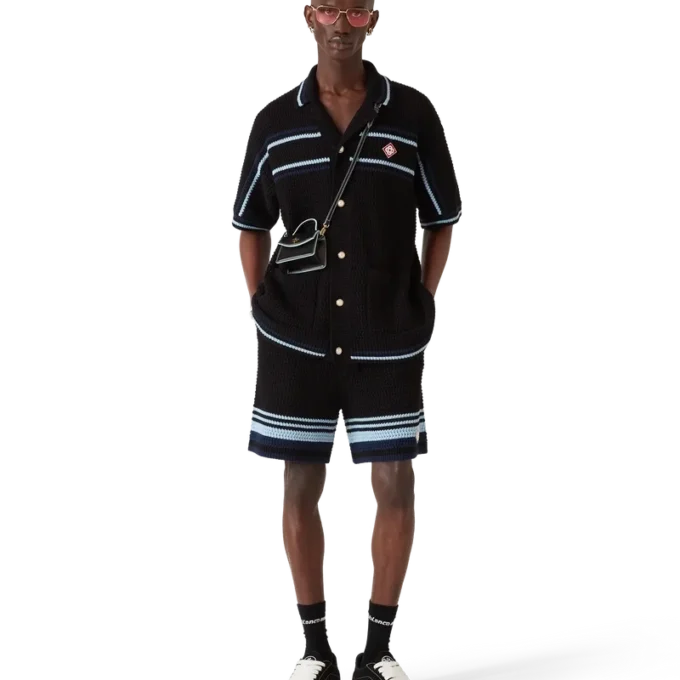Camisas de ténis de algodão em croché de calções de manga curta Camisas de ténis de algodão em croché de calções de manga curta