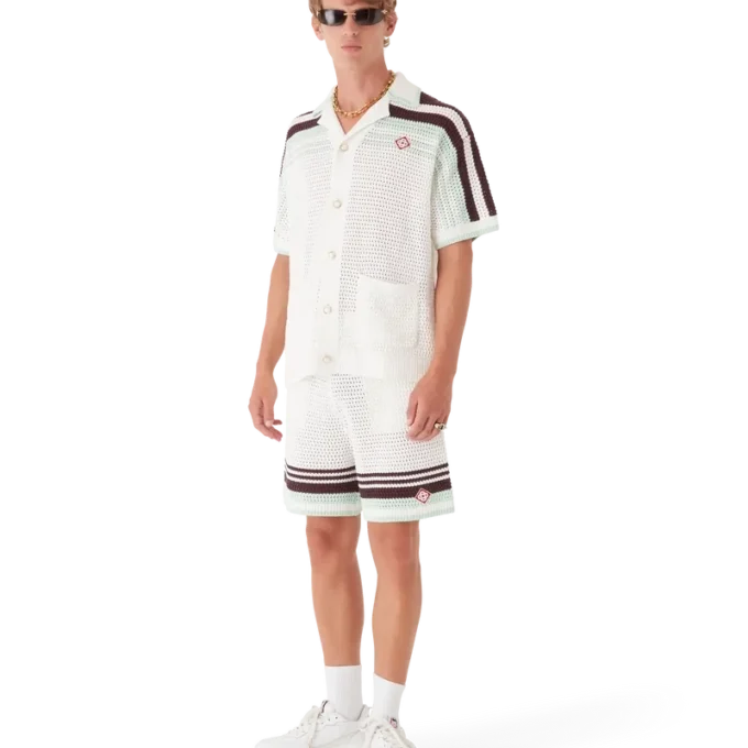 Camisas de ténis de algodão em croché de calções de manga curta Camisas de ténis de algodão em croché de calções de manga curta