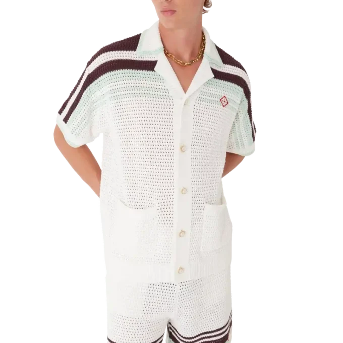Camisas de ténis de algodão em croché de calções de manga curta Camisas de ténis de algodão em croché de calções de manga curta