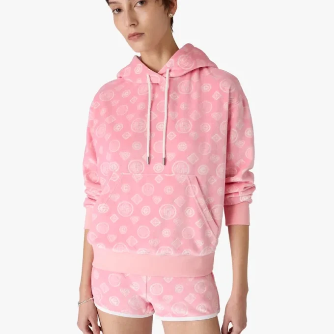 Camisola com capuz em veludo rosa com monograma Camisola com capuz em veludo rosa com monograma