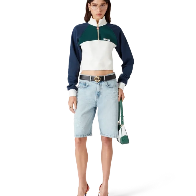Camisola curta com fecho de correr de um quarto e blocos de cor Camisola curta com fecho de correr de um quarto e blocos de cor