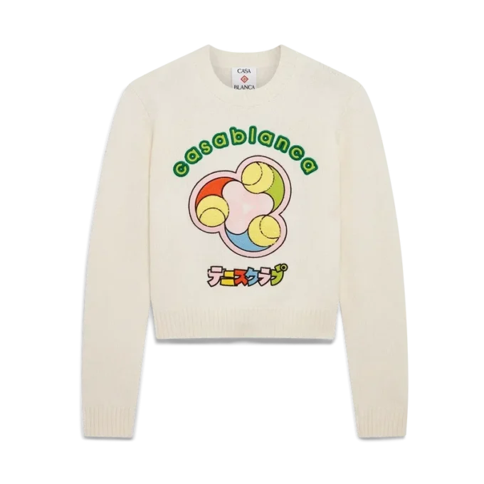 Camisola de gola redonda em malha de lã merino com padrão de bolas de ténis