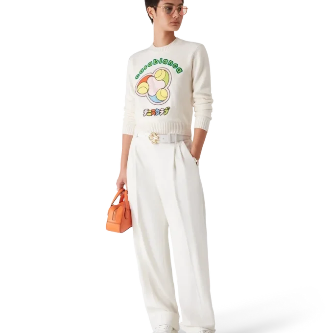 Camisola de gola redonda em malha de lã merino com padrão de bolas de ténis