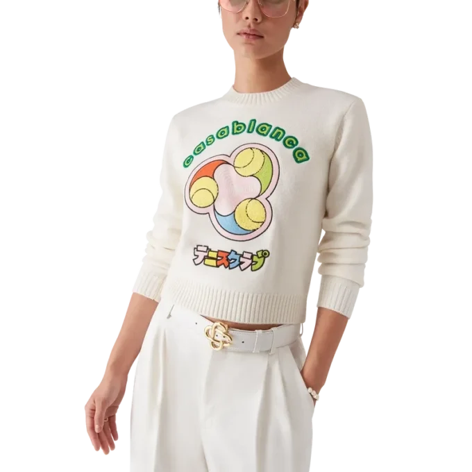 Camisola de gola redonda em malha de lã merino com padrão de bolas de ténis