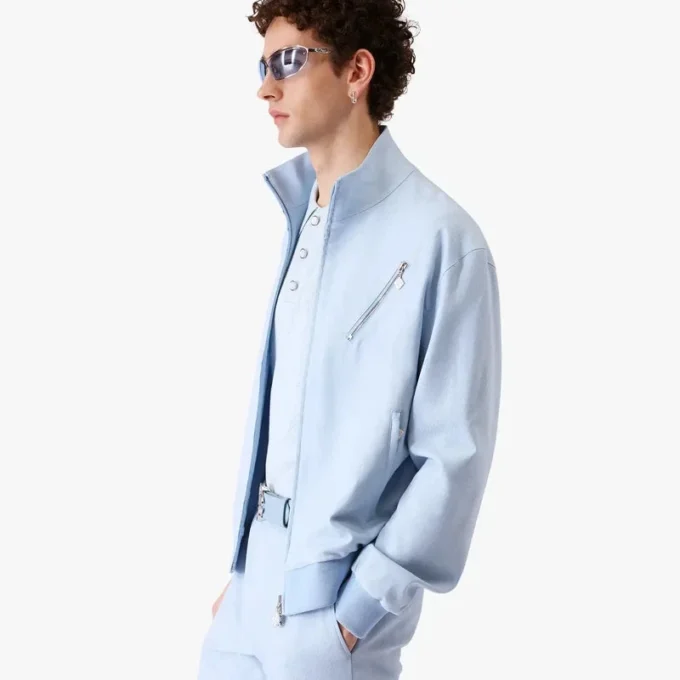 Casaco com fecho em jacquard azul claro Casaco com fecho em jacquard azul claro